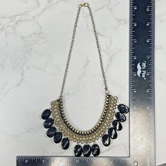 Antique Brass Link Mesh Bib Necklace Chunky Black Dangle Bead Statement Collar