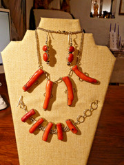 Contemporary Branch Raw Coral Necklace Bracelet Earrings Set On Sterling Silver