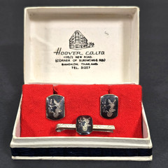 VINTAGE SIAM STERLING SILVER NIELLO TIE BAR & CUFFLINKS SET GODDESS DANCERS 925