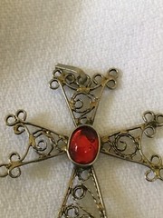 Vintage Armenian Silver Filigree Khachkar Cross Pendant With Red Cabochon Stone