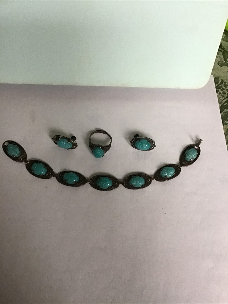 Art Deco Egyptian Revival Matching Scarab Beetle Bracelet/Sterling Ring/Earrings
