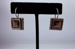 Vintage Square Sterling Silver and Smoky Quartz Drop Earrings Marked 925