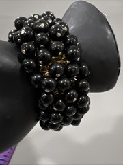 Glass Bead Expandable Bracelet Black Round Cha Cha Dangle Gold Tone Japan Capri