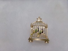 VINTAGE GOLDTONE BIRD CAGE BROOCH WITH 2 ENAMEL BIRDS