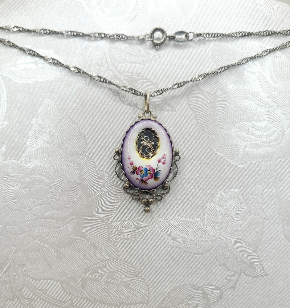 Vtg Soviet Hand Painted Enamel Rostov Finift Floral Pendant 18″ Necklace