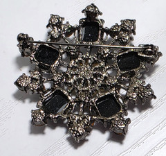 Vintage Flower Rhinestone Brooch 45mm Black Clear Lucite Burst Gunmetal Tone