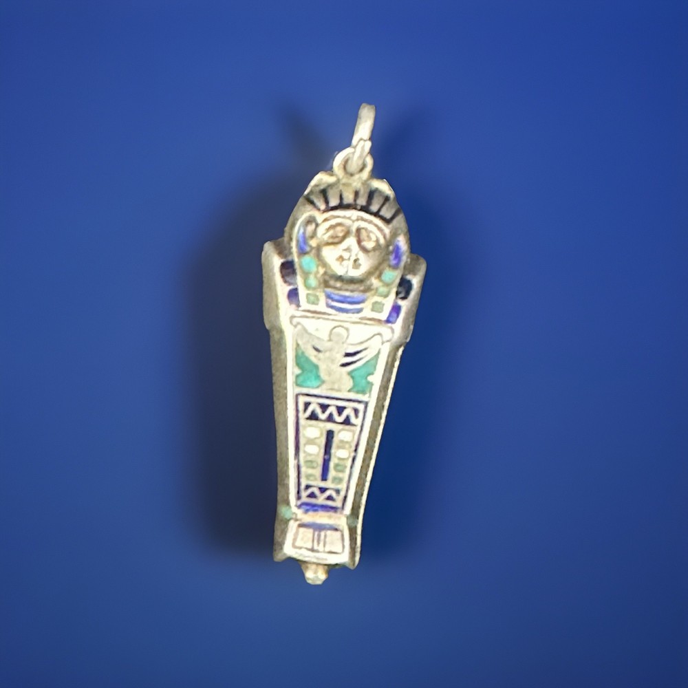 ANTIQUE EGYPTIAN REVIVAL SILVER,ENAMEL SARCOPHAGUS & MOMMY CHARM OPEN PENDANT
