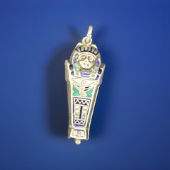 ANTIQUE EGYPTIAN REVIVAL SILVER,ENAMEL SARCOPHAGUS & MOMMY CHARM OPEN PENDANT