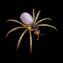 Vintage Czech Spider Brooch Gold Cats Eye Glass Cabochon Purple Rhinestone