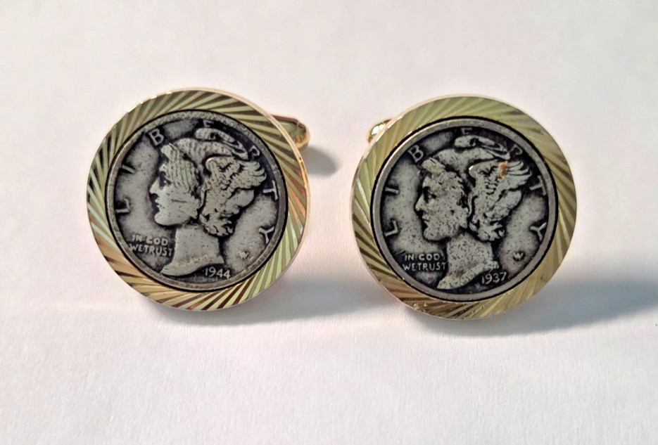 Vintage Cufflinks Made with Genuine Silver Mercury Dime 2.2 cm Dated 1944 & 1937