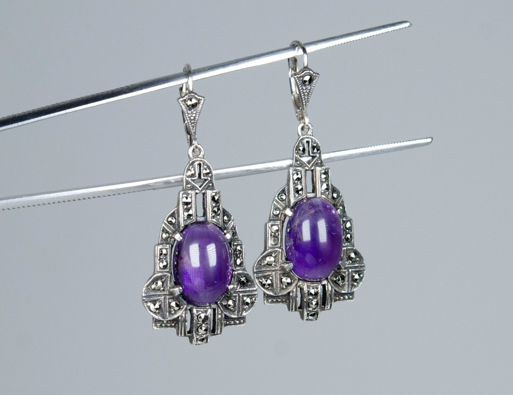 925 Sterling Silver Antique Art Deco Drop Earrings 12.00 ct Amethyst Markasite