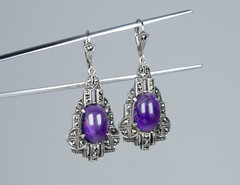 925 Sterling Silver Antique Art Deco Drop Earrings 12.00 ct Amethyst Markasite