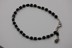 Black Onyx Beaded Gemstone Bracelet with Dangle Charm Sterling Silver