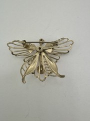 Gold Tone Open Work Vintage Butterfly Brooch w/ Bright Pink Round Rhinestone