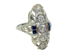 Belais 1.5cttw Diamond Blue Sapphire 18k Gold Shield Ring Antique Art Deco 1920s