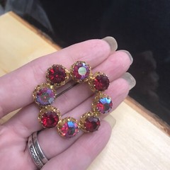 Vintage Austria Stamped Red Rhinestone Circle Brooch with AB Crystals Prong Set