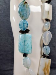 Vintage Aquamarine, Amazonite, & Smoky Quartz Gemstone Glass Chunky Necklace 16″