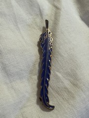 Vintage Blue Enamel Feather Brooch Pin Gold Tone Long Quill Nature Jewelry