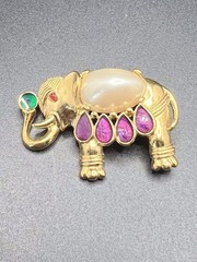 TRIFARI Gold Tone Vintage ELEPHANT Brooch Jewel Tone Enamel Faux Pearl