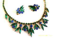 RARE VINTAGE JULIANA D&E BLUE & GREEN MARQUISE RHINESTONE NECKLACE EARRINGS SET