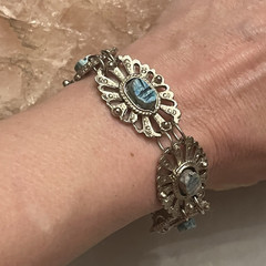 Vintage Egyptian Revival Turquoise Scarab Silver Filigree Bracelet/Earrings Set
