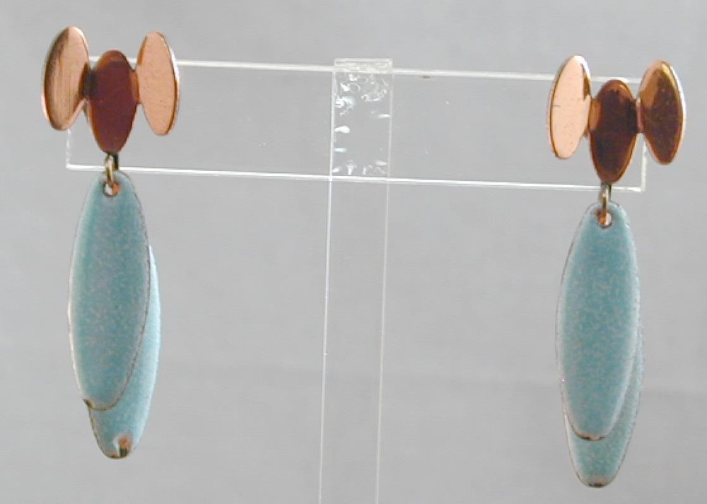 Vintage Copper Matisse Renoir Turquoise Enamel Dangle Earrings
