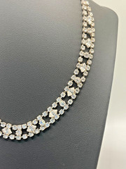 Vintage Unsigned Double Row Clear Rhinestone Floral Necklace Silver Tone 15.5”