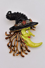 Kirks Folly Vintage Witch Moon Brooch Halloween Rhinestone Enamel Pin Signed 9B