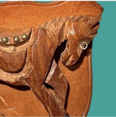 Leather & Carved Wood, Wooden Horse Brooch, Bakelite Era Equestrian Figural Pin