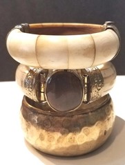 3 vintage India bone horn brass hinged clamper medallion cab gem bracelets