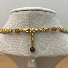 Quatrefoil Pendant Necklace Amber Color Lucite Metal Textured & Beaded Chain