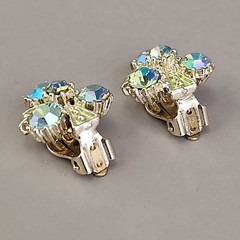 Vintage Rhinestones Earrings Clip On Aurora Borealis Climber Gold Tone 3/4″