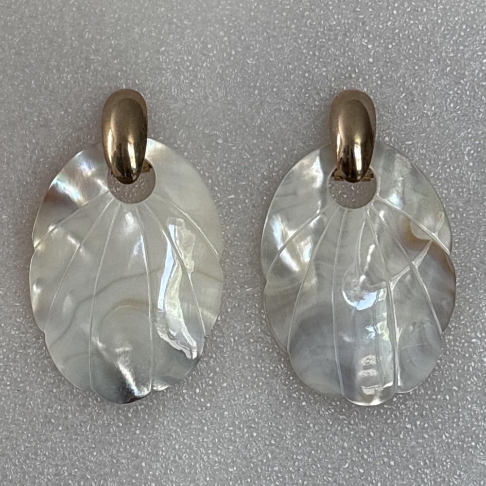 Vintage Gold Tone & Iridescent Mother Of Pearl Door Knocker Pierced Earrings NEW