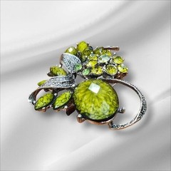 Vintage Style Lime Green Floral Brooch Silver Tone Rhinestone Botanical Pin