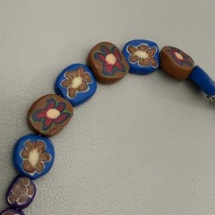 Vintage Millefiori Polymer Clay Bead Necklace Blue Brown Floral 18″