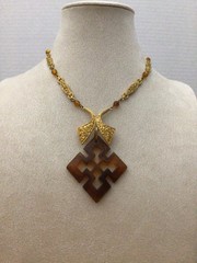 Quatrefoil Pendant Necklace Amber Color Lucite Metal Textured & Beaded Chain