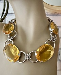 GRAZIANO SIGNED FAUX CITRINE LUCITE LARGE SILVER TONE NECKLACE 21″ STATEMENT