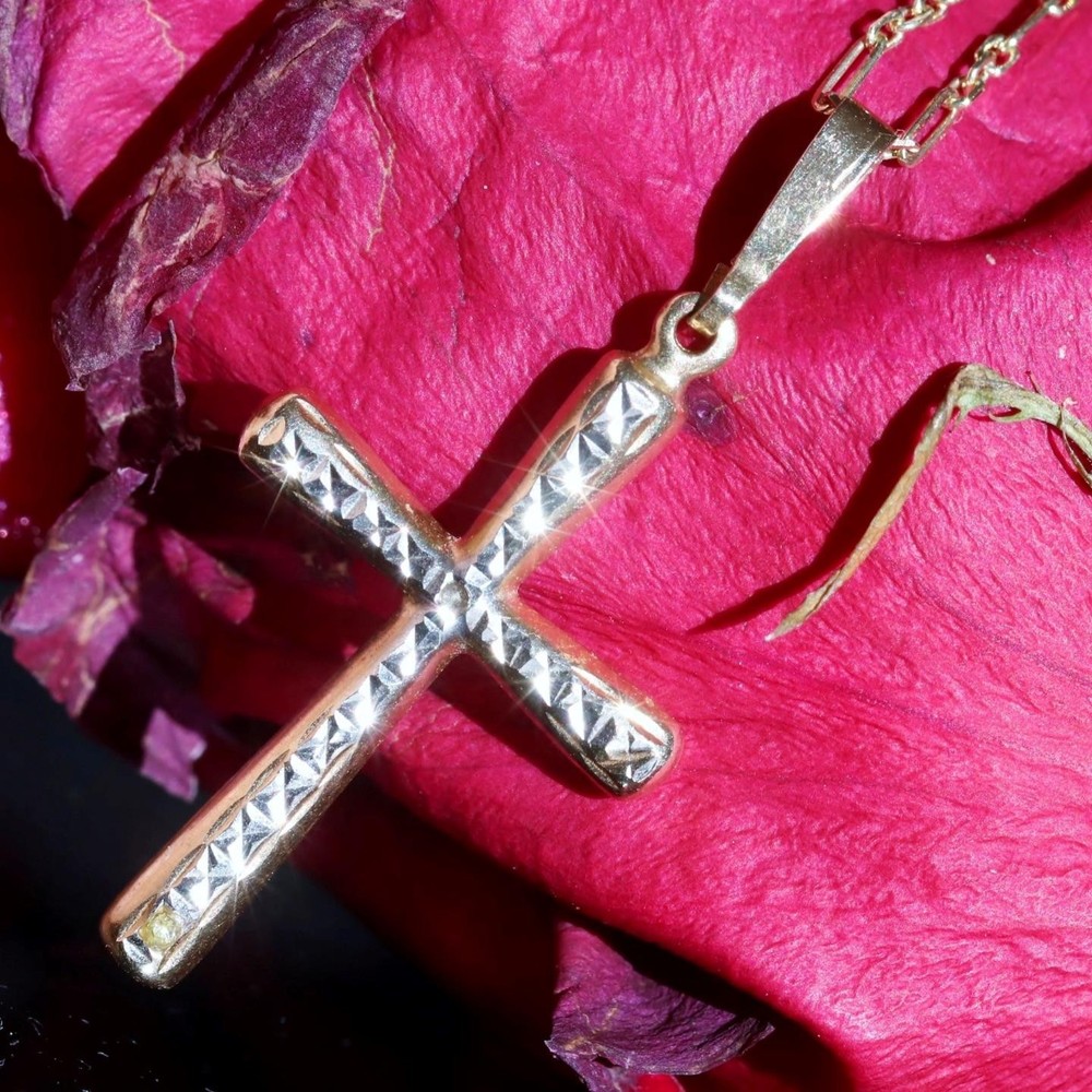 14k multi tone gold pendant 1.35″ diamond cut cross charm vintage 0.70gr N3392