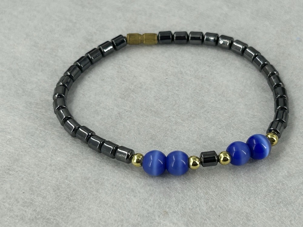 Handmade Bracelet Natural Hematite Deep Blue Glass Cat Eye Beads