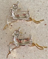 Lot of 2 Vintage Reindeer Brooch Rhinestone Gold Tone Christmas Pin