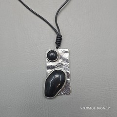 Vintage Silver Tone Metal with Black Onyx Pendant on Cord Necklace 31″ Long