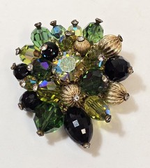 Vintage Vendome Brooch Hreen AB Black Crystal Gold Beads Rhinestones