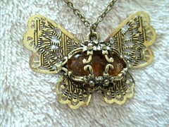 Butterfly Pendant, Gold Tone Metal, Amber Glass Stone Body, Very Detailed