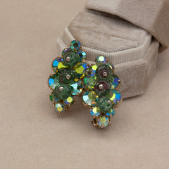 Vintage Gold AB Green Art Glass Rhinestone Leaf Shape Clip-On Earrings