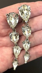 VTG Todd Anthony Statement Earrings Clip-On Dangling Teardrop Clear Rhinestones