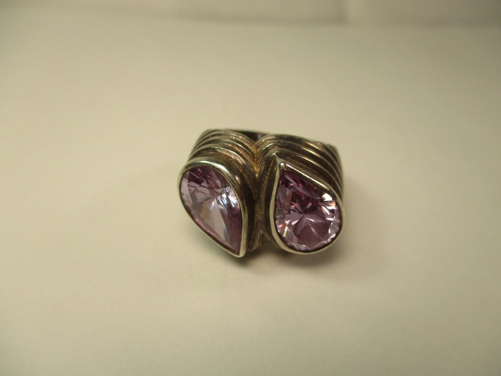Vintage Contemporary Style Sterling Silver Twin Pear Shape Amethyst Ring 7.5