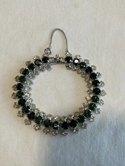 VTG Hobe Emerald Green & Clear Crystal Rhinestone Bracelet W/ Safety Chain