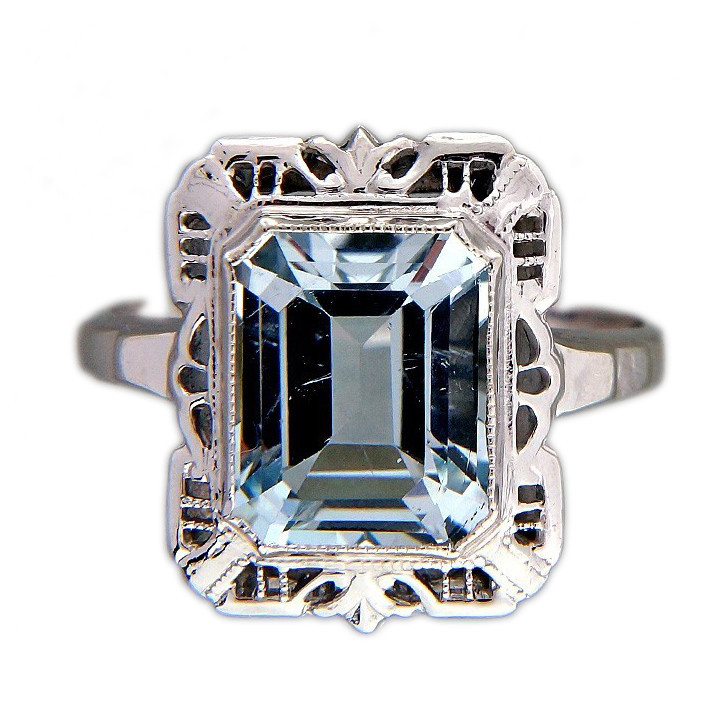 Vintage 3.00ct Light Blue Art Deco Natural Aqua Filigree 14k White Gold Ring