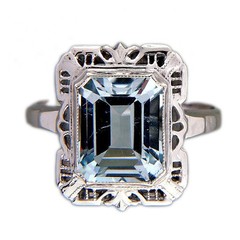 Vintage 3.00ct Light Blue Art Deco Natural Aqua Filigree 14k White Gold Ring