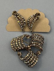 Aurora Borealis Ribbon Rhinestone Brooch Clip Earrings Set Unsigned Silver Tone